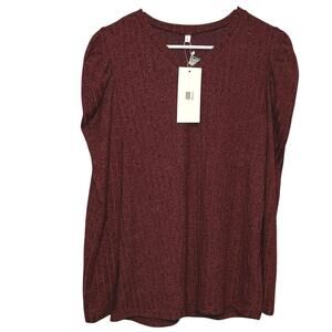 JWD Burgundy Knit Top NWT Puff Shoulder Long Sleeve Blouse Size Large